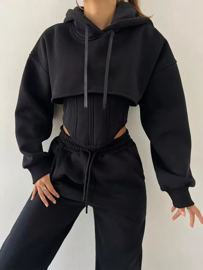 Yaminiya Y2K Sexy Sportswear Women's 3 Piece Set Long Sleeved Hooded Cardigan+slim Fit Strapless Vest+straight Leg Wide Pants