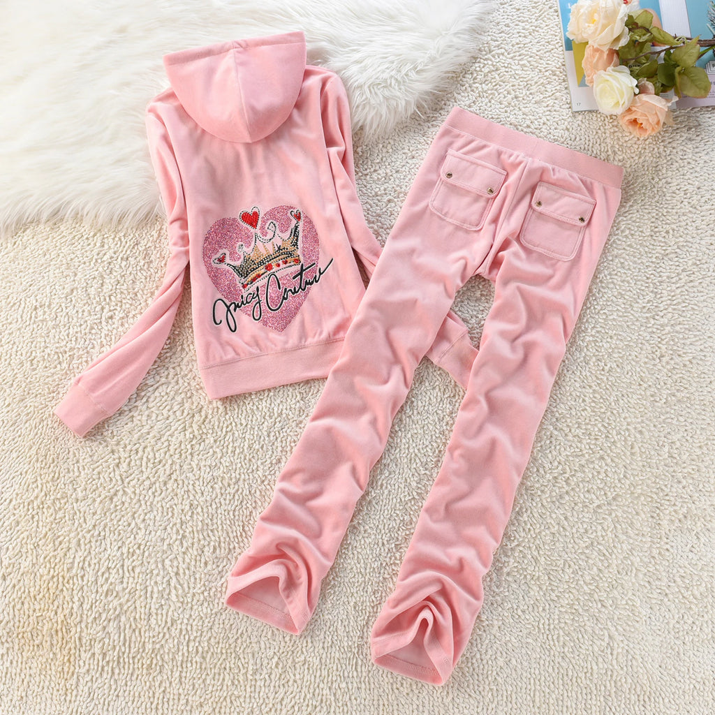 Velvet Tracksuit Hooded Winter Women Hooded Velvet Suit American Streetwear Casual Hooded Sweatshirt 2pc Casual Women's Suit