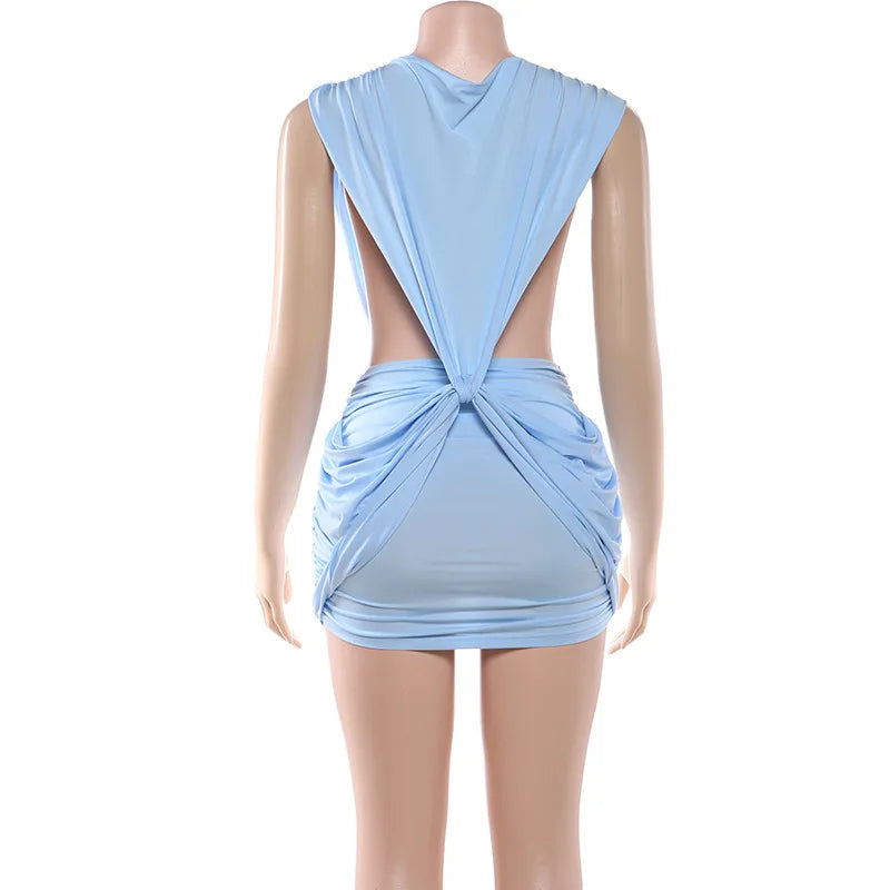 Y2K Hollow Out Women's Sexy Mini Dress Summer Sleeveless V Neck Backless Party Club Short Dresses Outfit Ruched Bodycon Gift