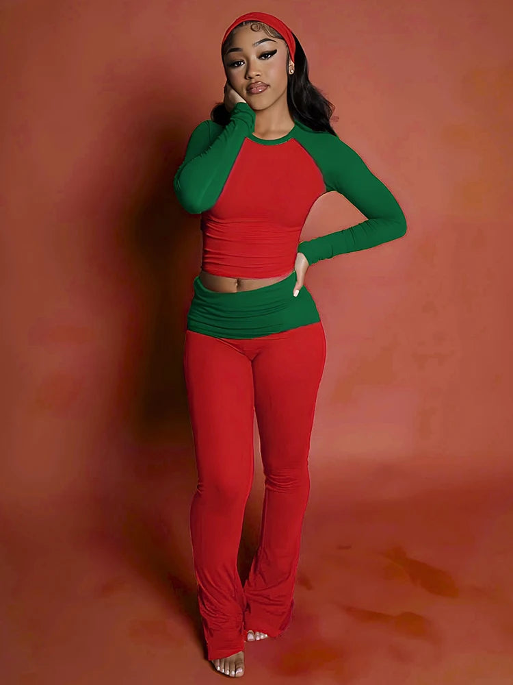 Nibber Christmas Party 2Piece Set Woman Contrast Patchwork o-Neck Full Sleeve Crop Tops+High Waist Long Pant Casual Fashion Suit