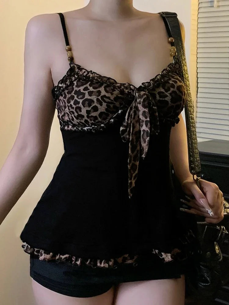 ITGIRLSOCIETY Leopard Lace-Up Patchwork Crop Tank Top