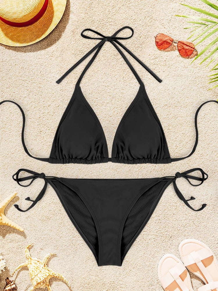 2Pcs Sexy Bikini Swimsuit For Women Solid Color Swimwear Summer Bathing Suits Females Backless Beachwear Halter Swimwear
