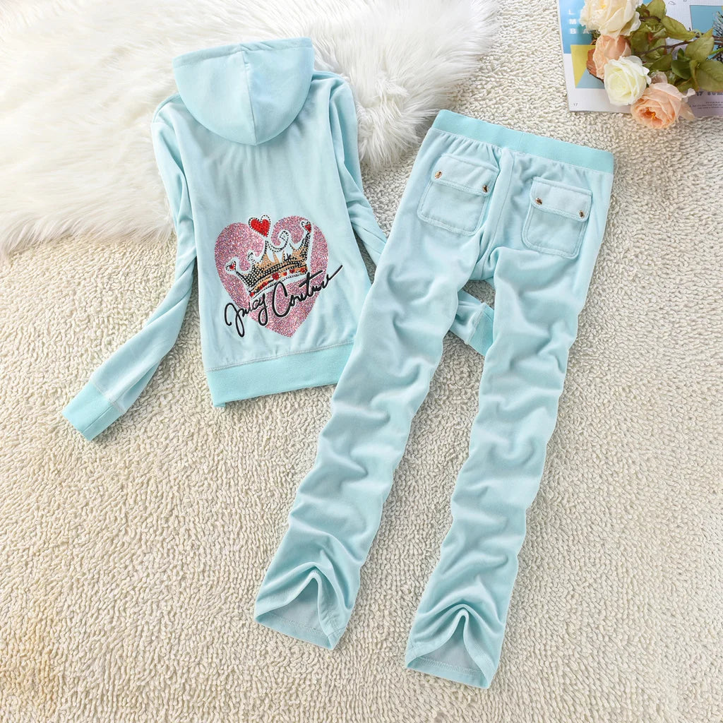 Velvet Tracksuit Hooded Winter Women Hooded Velvet Suit American Streetwear Casual Hooded Sweatshirt 2pc Casual Women's Suit