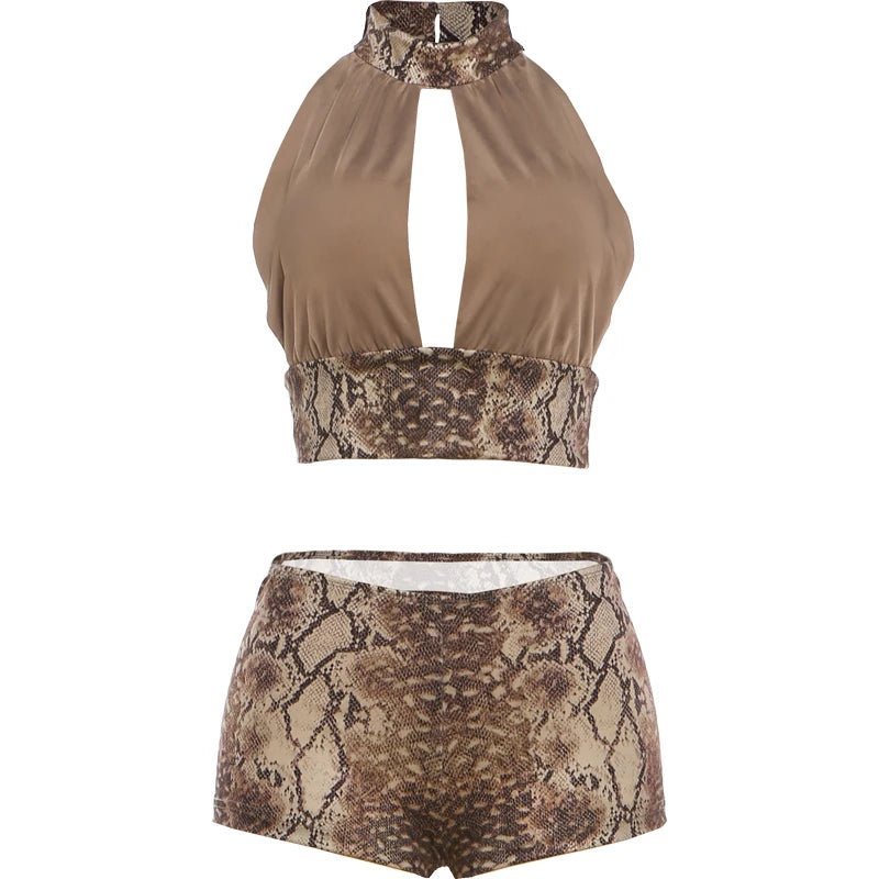 ITGIRLSOCIETY Serpentine Print Halter Top & Shorts Set