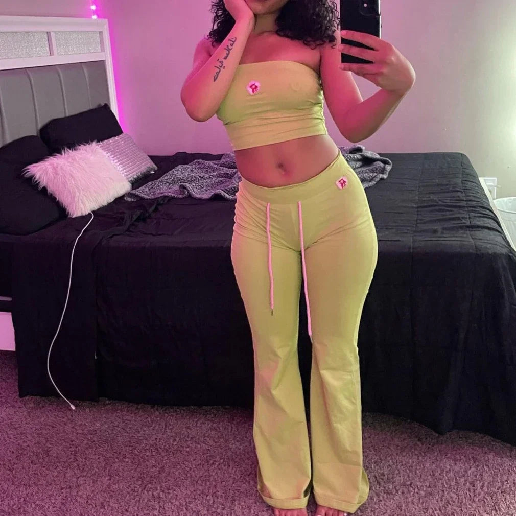 FAGADOER Y2k Fashion 2 Piece Sets Woman Outfit Embroidery Crop Top + Drawstring Flared Pants Suit Female Streetwear Clothing New