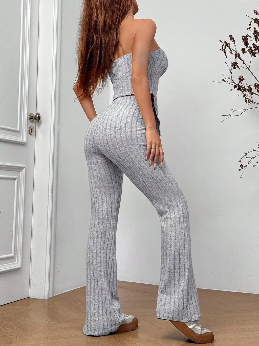 Elegant Ladies Solid Color Asymmetric Tube Top And Pants Two-Piece Set Fashionable Knitted Outfit for Women