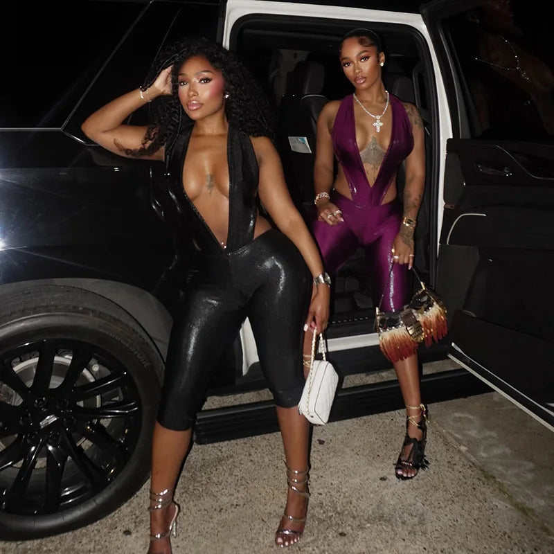 ITGIRLSOCIETY Metallic Crop Top & Pants Two-Piece Set