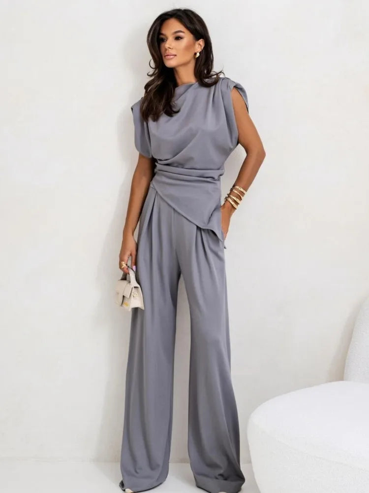 Summer Fashion Solid Two Piece Sets Women Elegant Slim Office Suit Casual Irregular Top And Wide Leg Pants 2 Piece Set Female