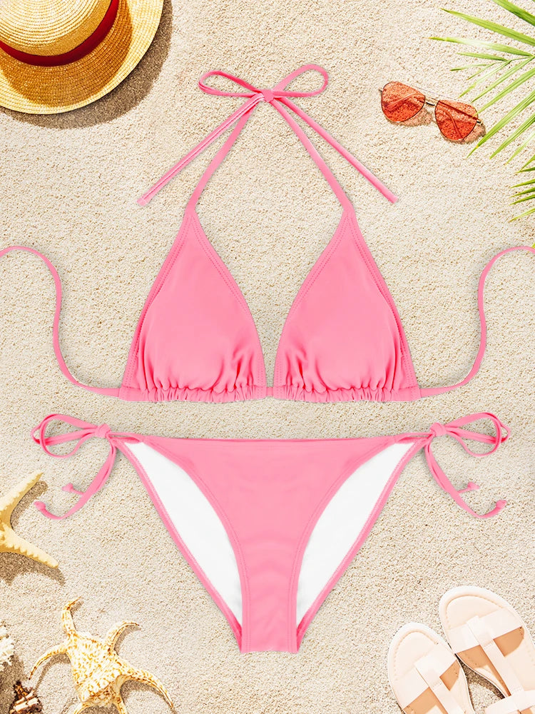 2Pcs Sexy Bikini Swimsuit For Women Solid Color Swimwear Summer Bathing Suits Females Backless Beachwear Halter Swimwear