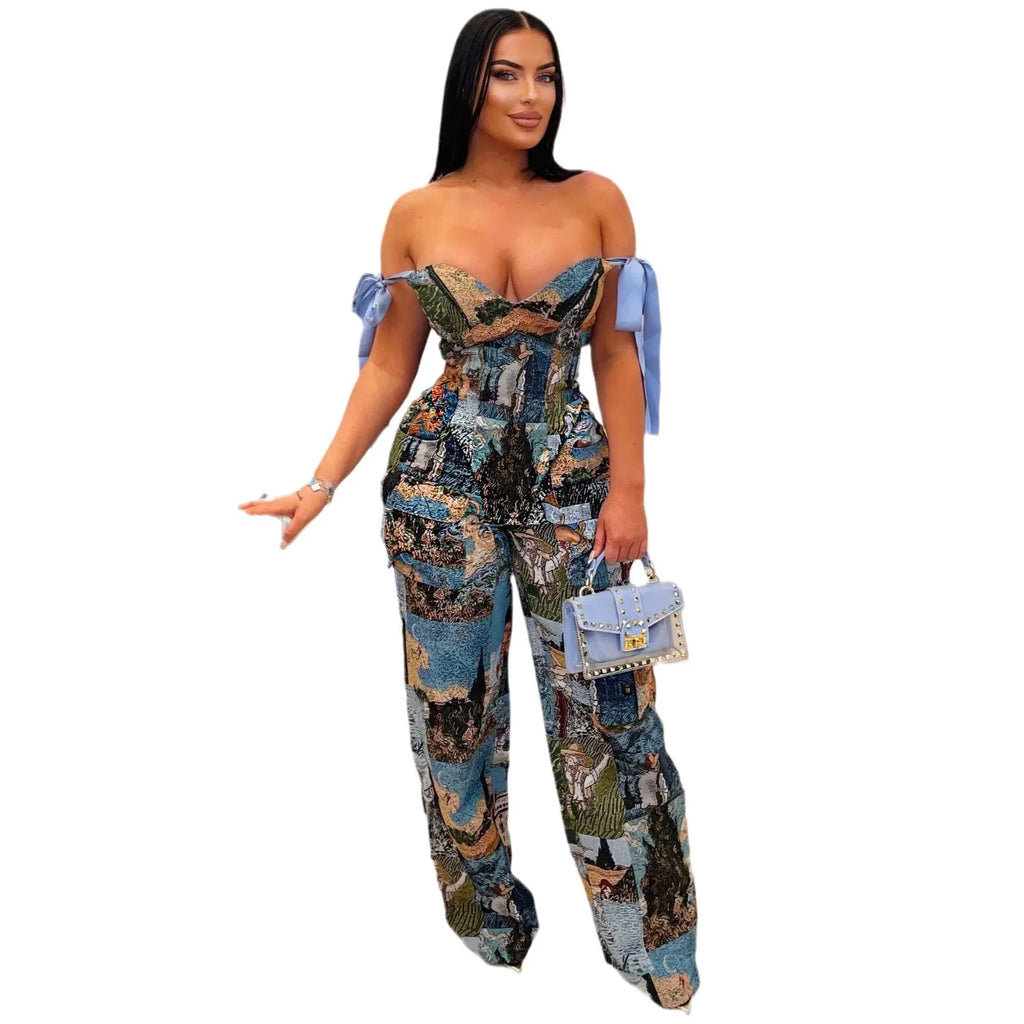 2 Piece Sets Women Print Top Straight Pants Suit Multiple Pockets Strapless Floor Length Trousers Ensemble 2025 Sexy Outfits