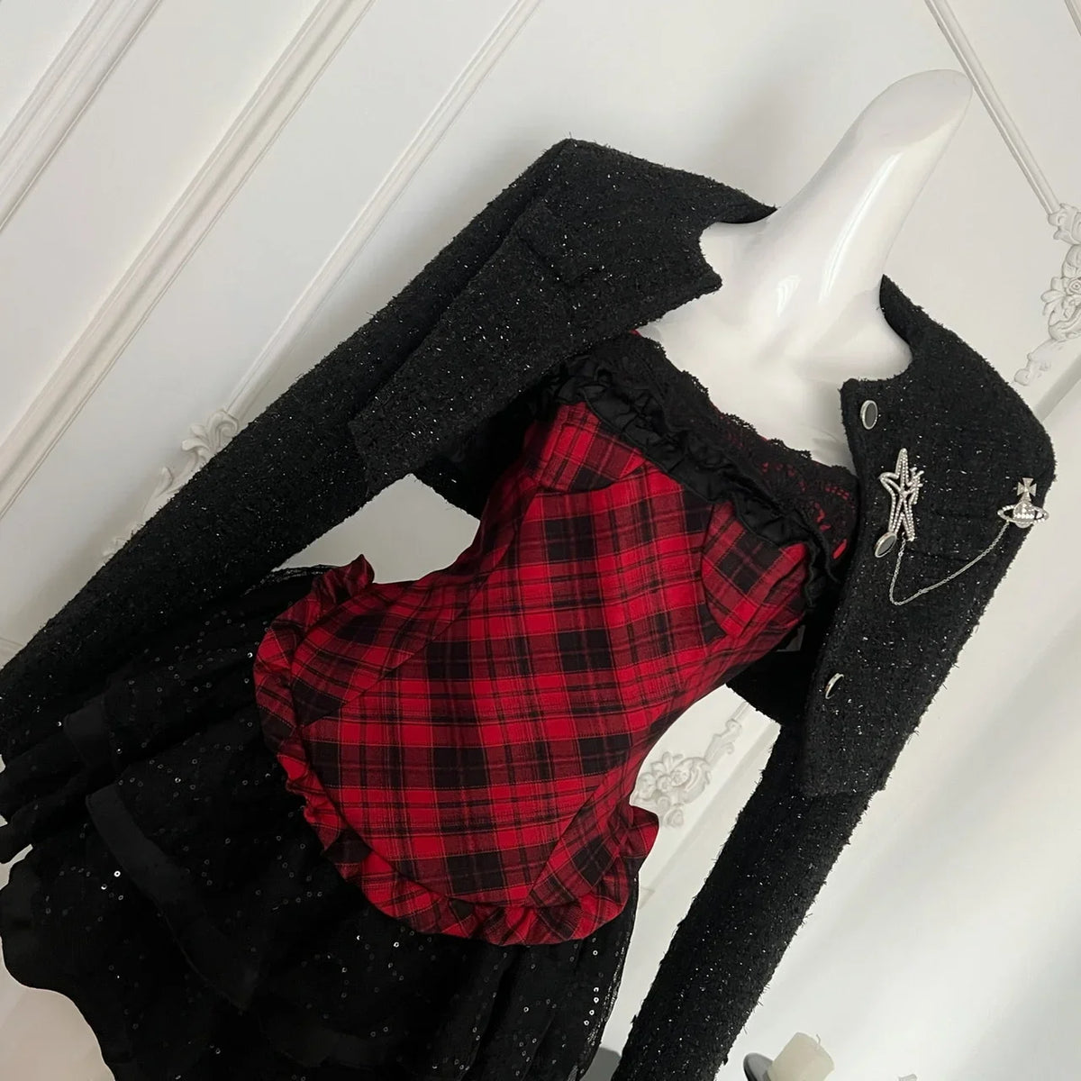ITGIRLSOCIETY Y2K Coat & Plaid Dress Set
