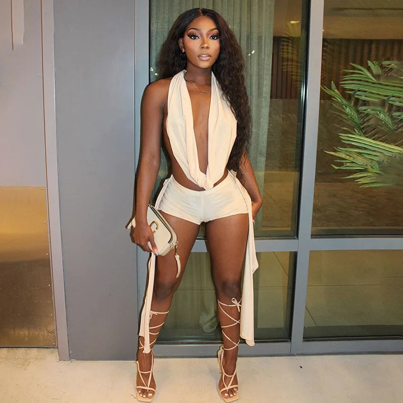 ITGIRLSOCIETY Halter Backless Crop Top & Shorts Set