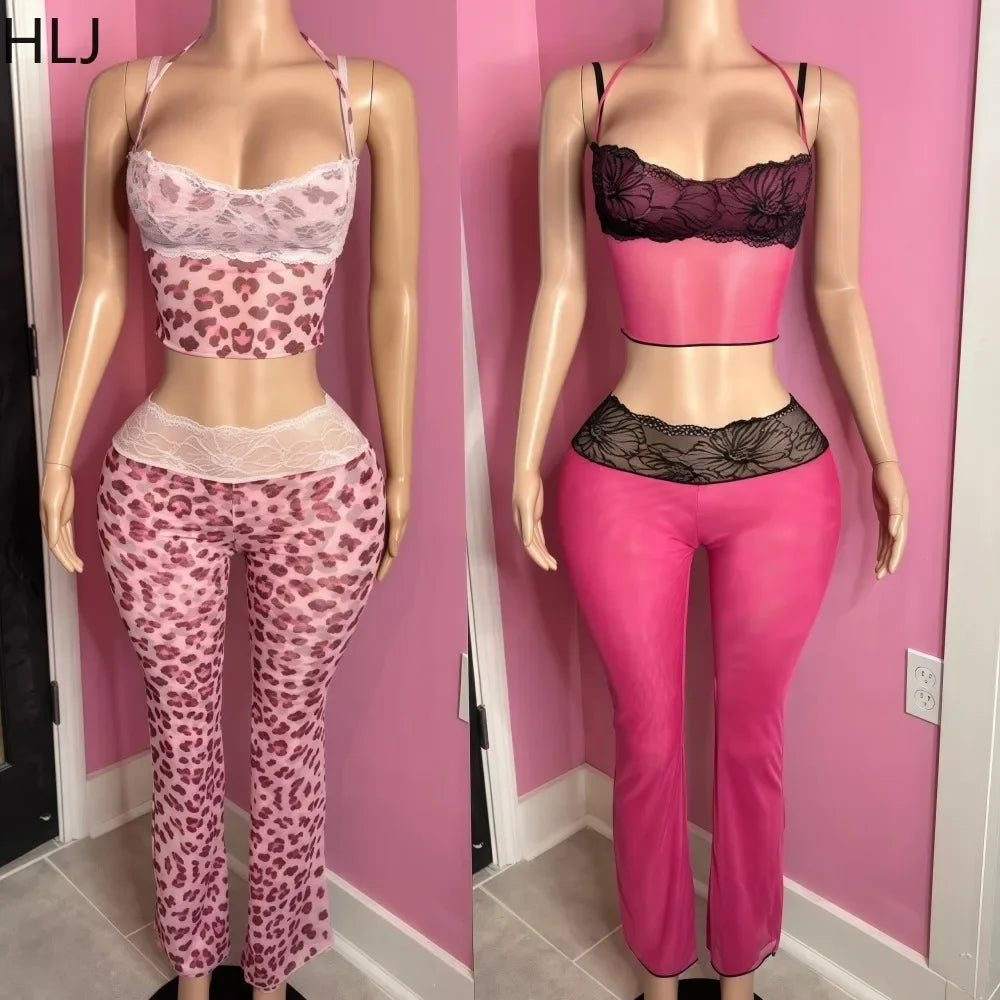HLJ Sexy Lace Patchwork Woman 2 Piece Set Outfit Spaghetti Strap Crop Top and Flare Pants Suits Female Streetwear Clothing New