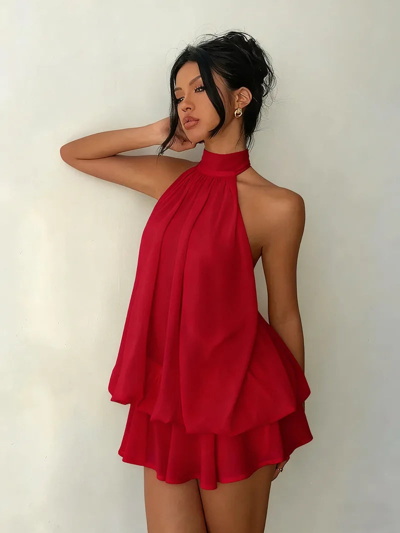ITGIRLSOCIETY Backless Halter Tie-Front Mini Dress