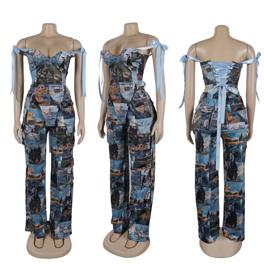 2 Piece Sets Women Print Top Straight Pants Suit Multiple Pockets Strapless Floor Length Trousers Ensemble 2025 Sexy Outfits