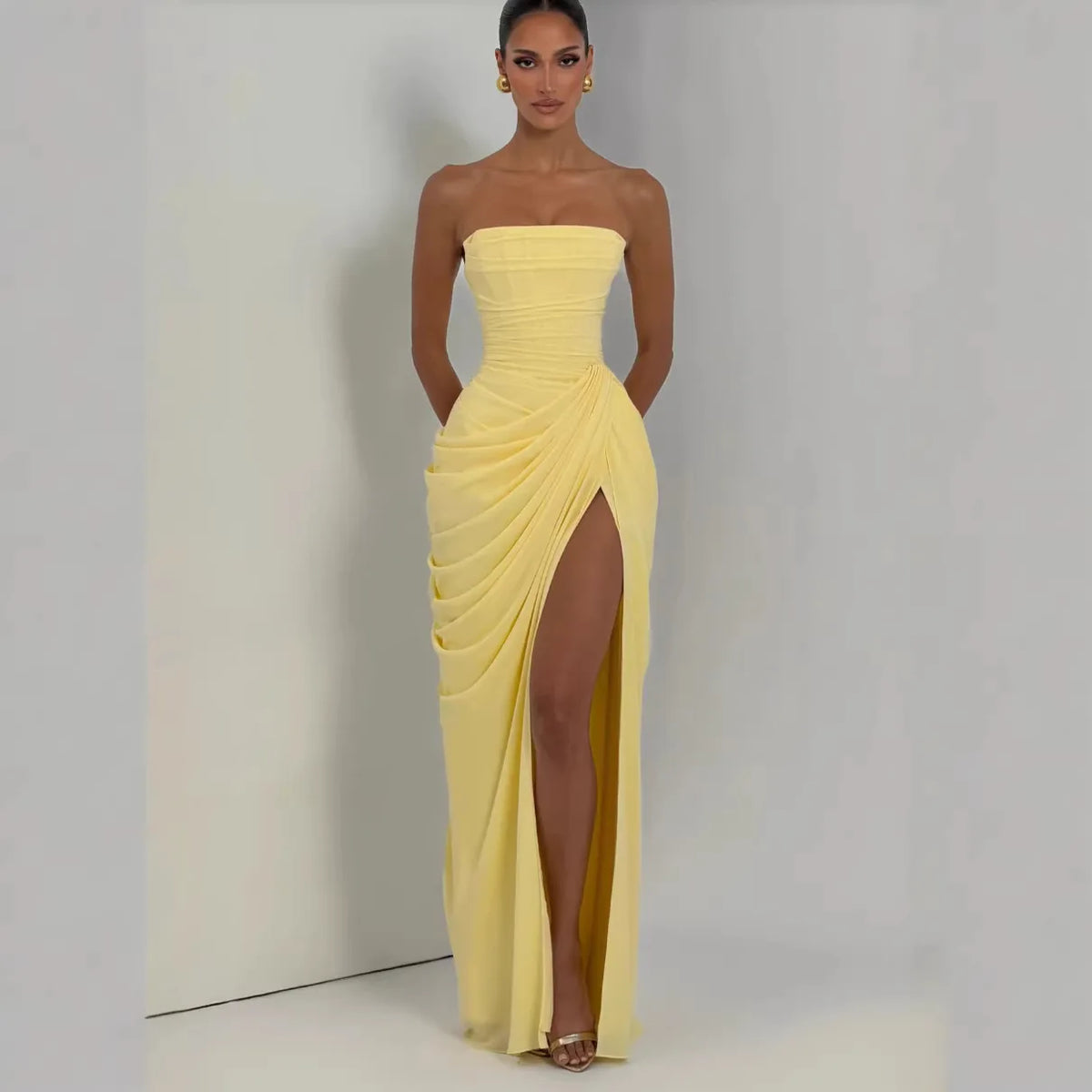 ITGIRLSOCIETY Strapless Ruched High Slit Maxi Dress