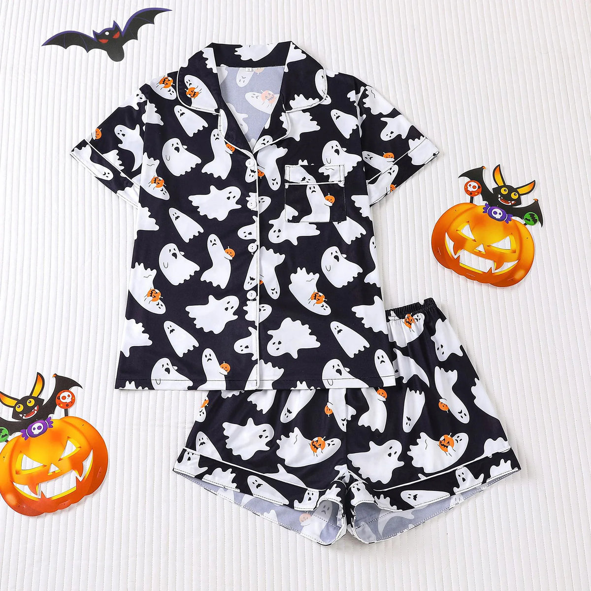 ITGIRLSOCIETY Halloween Pumpkin Ghost Short Sleeve Pajama Set