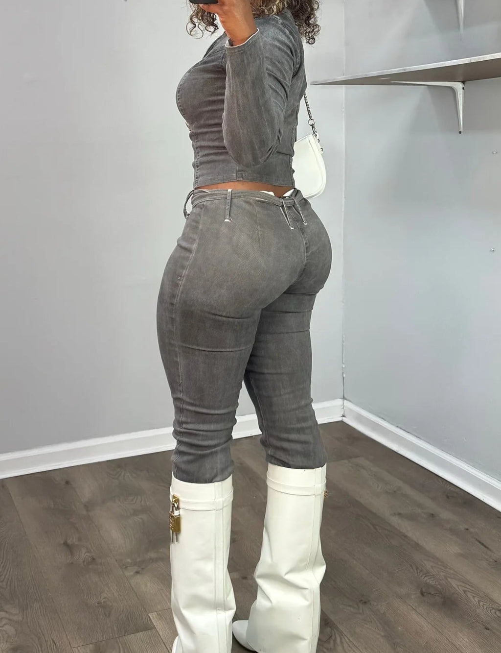 ITGIRLSOCIETY Dark Gray Denim Flare Pants Two-Piece Set