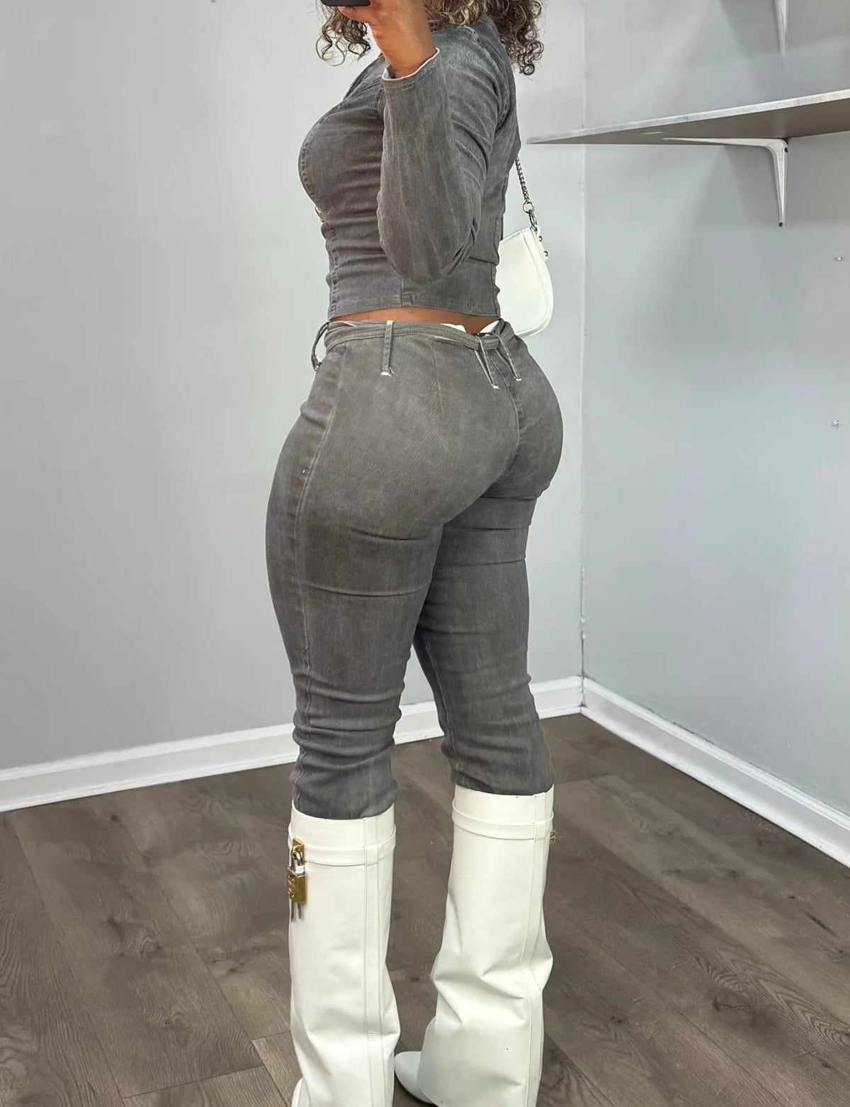ITGIRLSOCIETY Dark Gray Denim Flare Pants Two-Piece Set