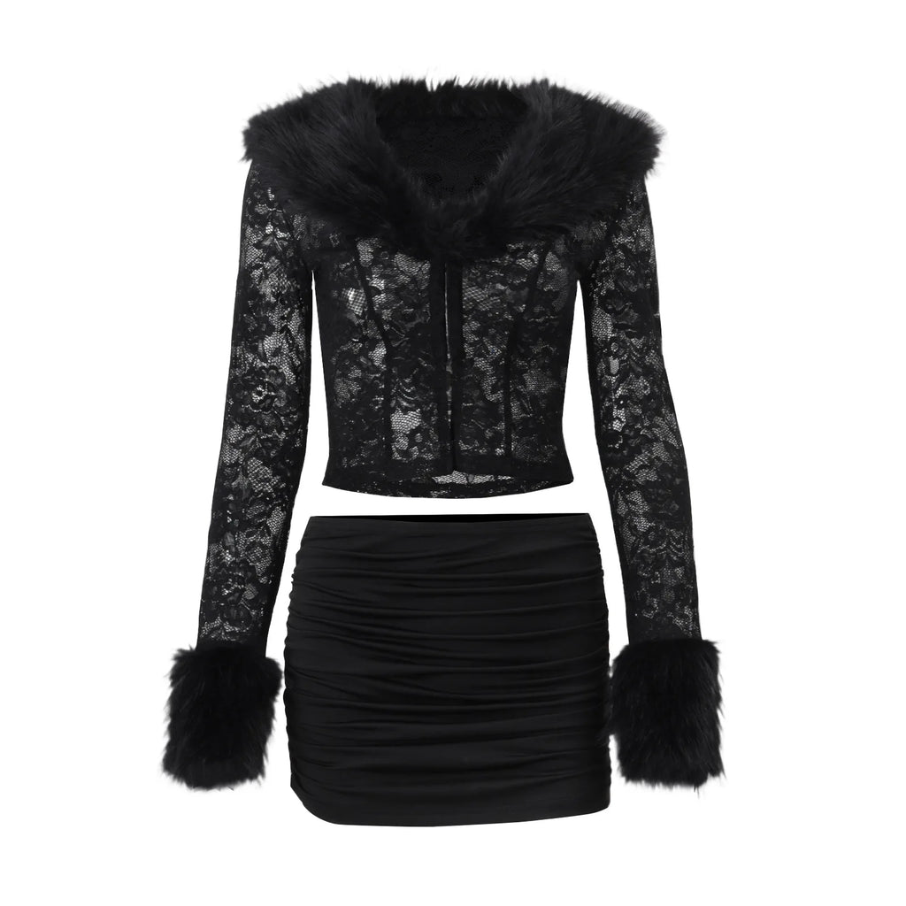 ITGIRLSOCIETY Lace Plush Long Sleeve Top & Mini Skirt Set