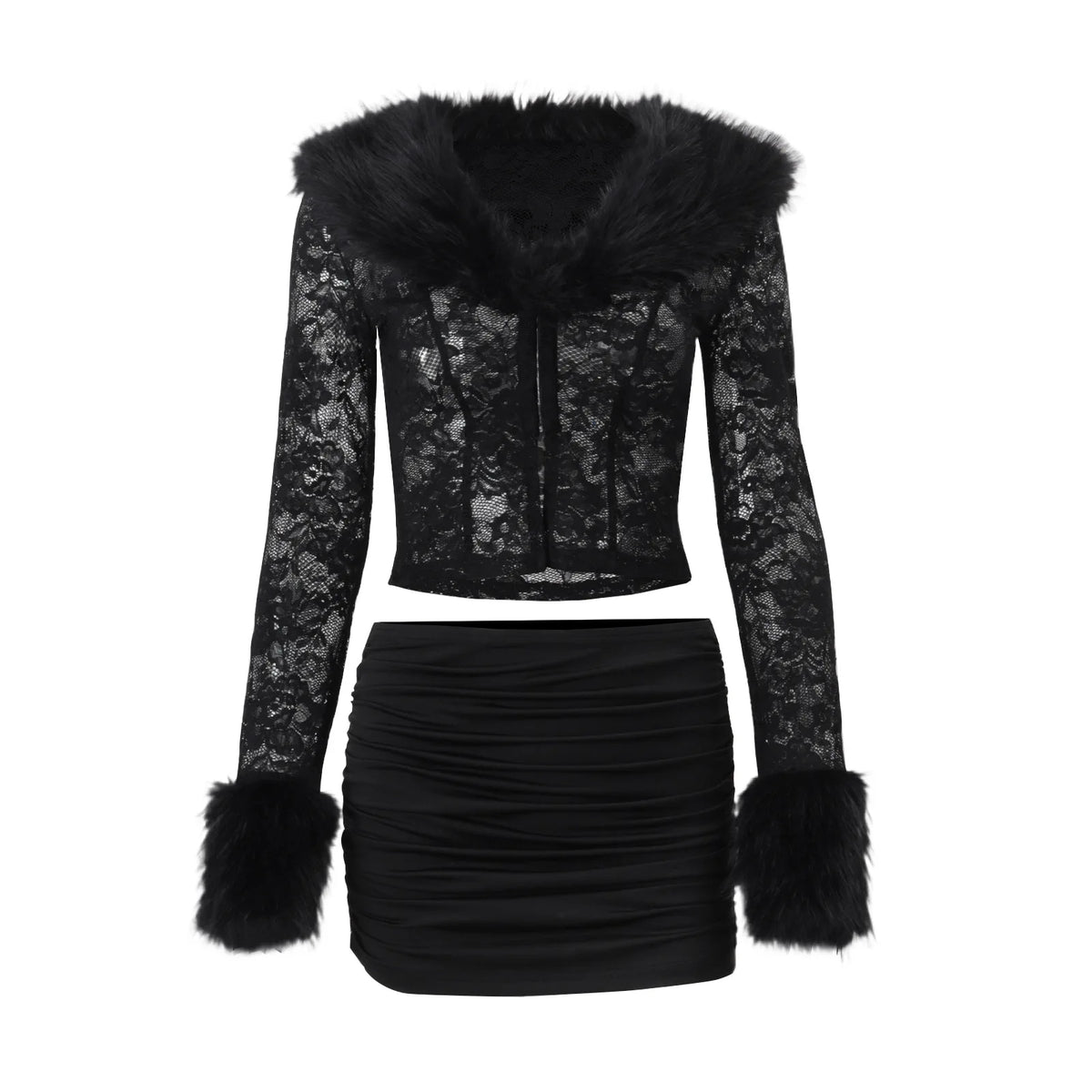 ITGIRLSOCIETY Lace Plush Long Sleeve Top & Mini Skirt Set