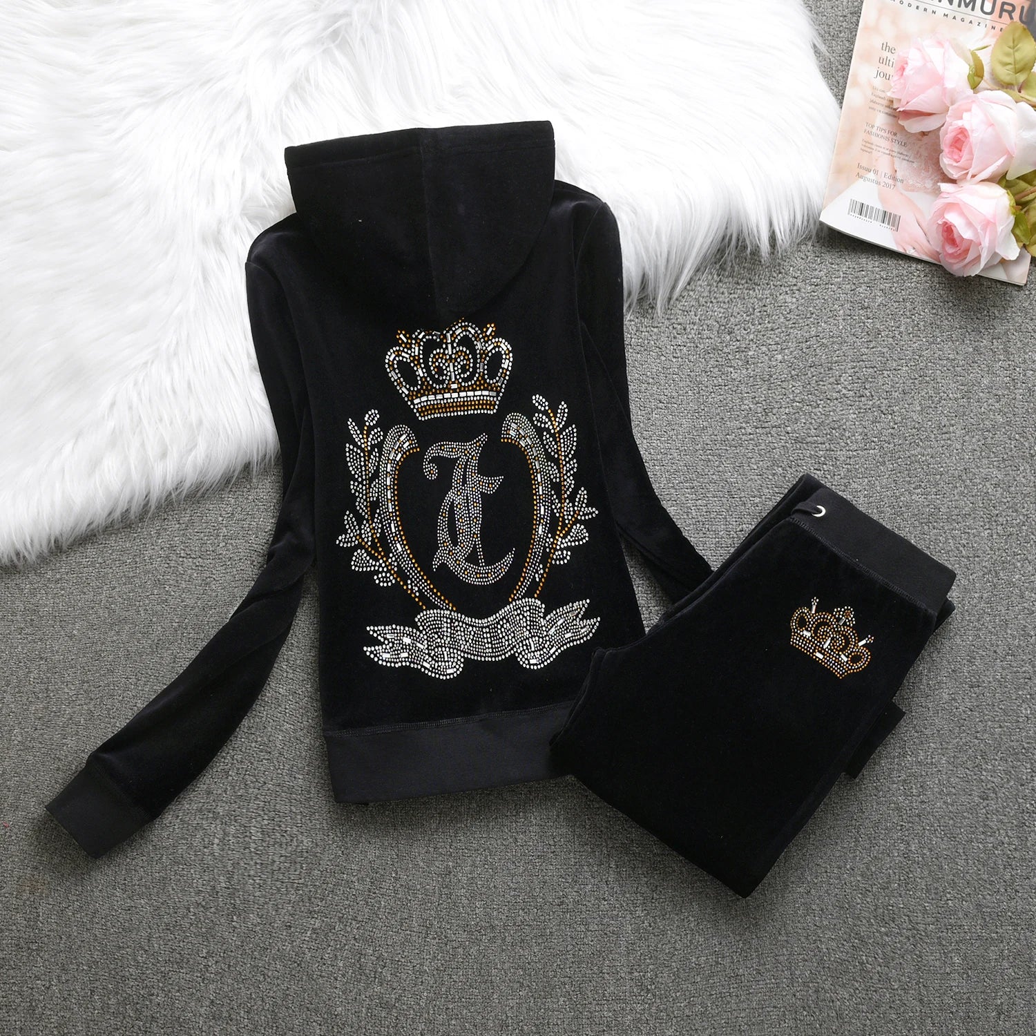 Velvet Tracksuit Hooded Winter Women Hooded Velvet Suit American Streetwear Casual Hooded Sweatshirt 2pc Casual Women's Suit