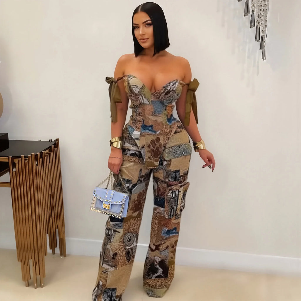 2 Piece Sets Women Print Top Straight Pants Suit Multiple Pockets Strapless Floor Length Trousers Ensemble 2025 Sexy Outfits