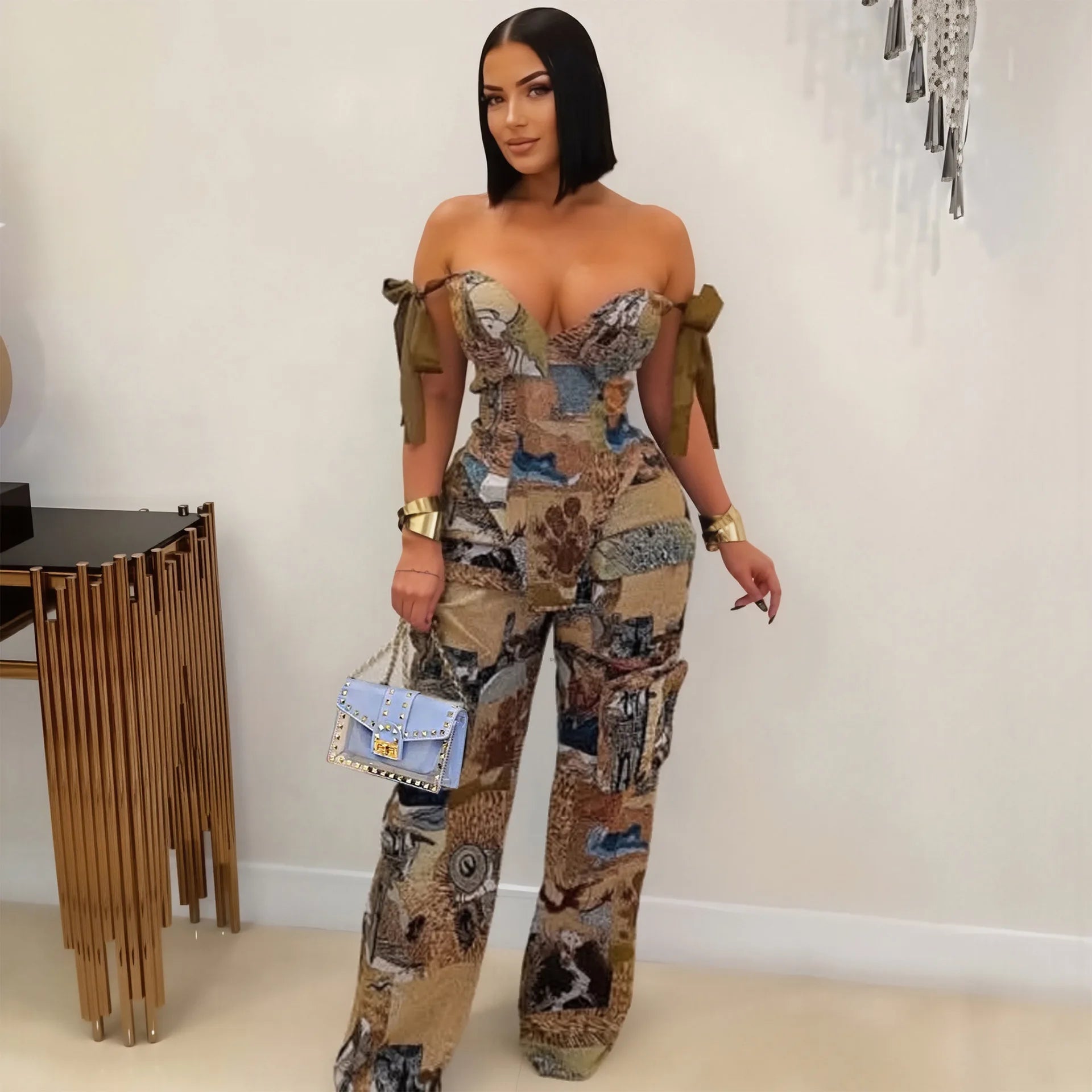 2 Piece Sets Women Print Top Straight Pants Suit Multiple Pockets Strapless Floor Length Trousers Ensemble 2025 Sexy Outfits