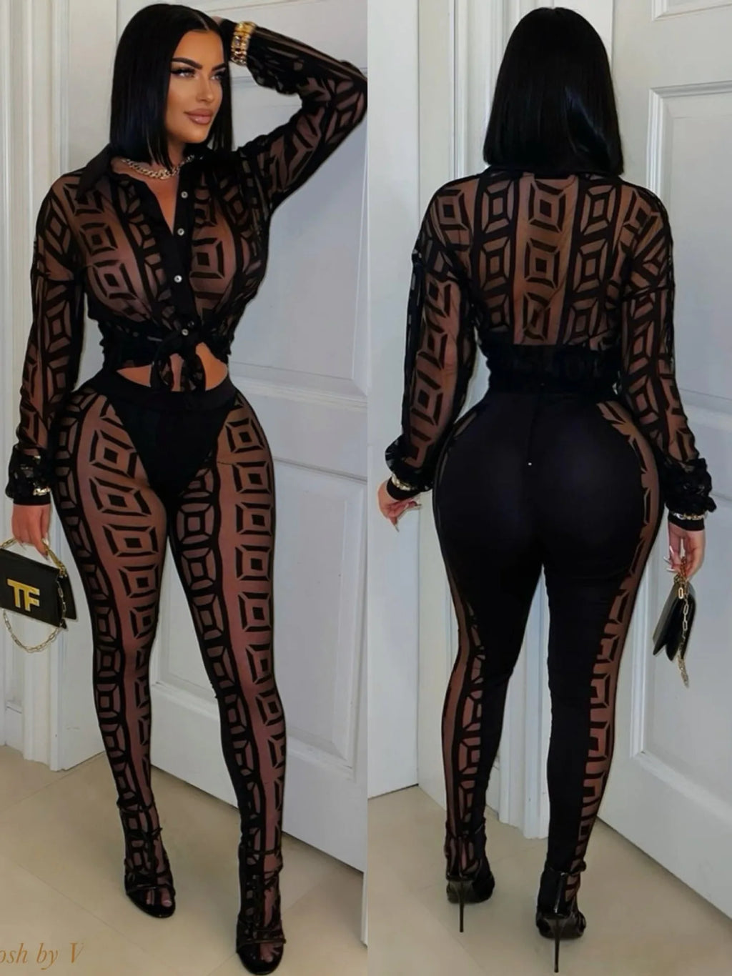 FAGADOER Autumn New Sexy Mesh See Through Woman 2 Piece Set Outfit Long Sleeve Crop Top and Pants Female Streetwear Clothing