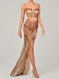 ITGIRLSOCIETY Leopard Print Lace Split Backless Maxi Dress