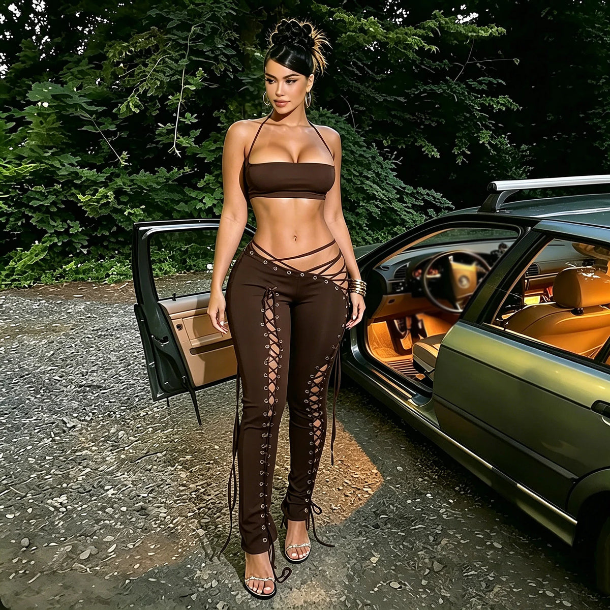 ITGIRLSOCIETY Halter Crop Top & Eyelet Pants Two Piece Set