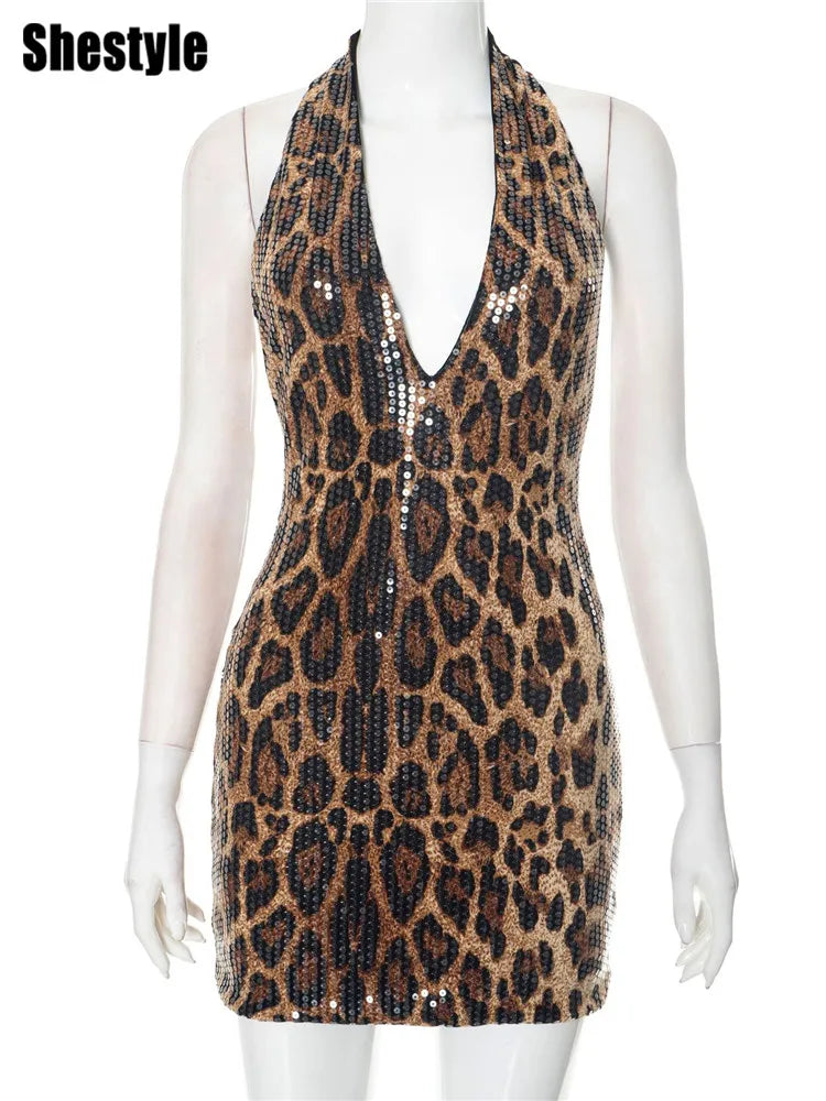 Shestyle V Neck Sequin Mini Sexy Dress Women Backless Sleeveless Halter Leopard Sheath Skinny Party Outfits Dot Brown Wild 2025