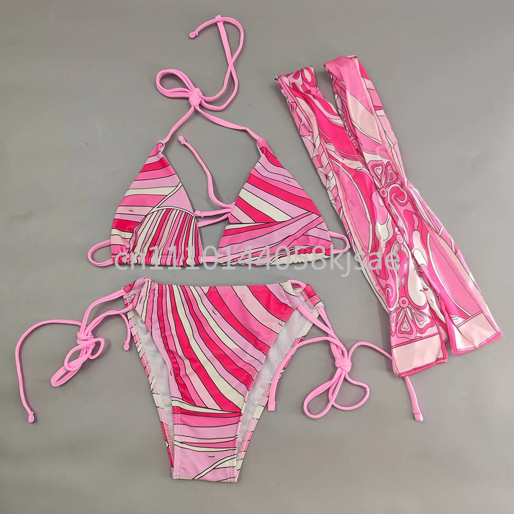 Luxury Design Women's Pink Scarf Swimsuits with Letter Signature Logo Classic Brand Headband Bikini Sets Beachwear