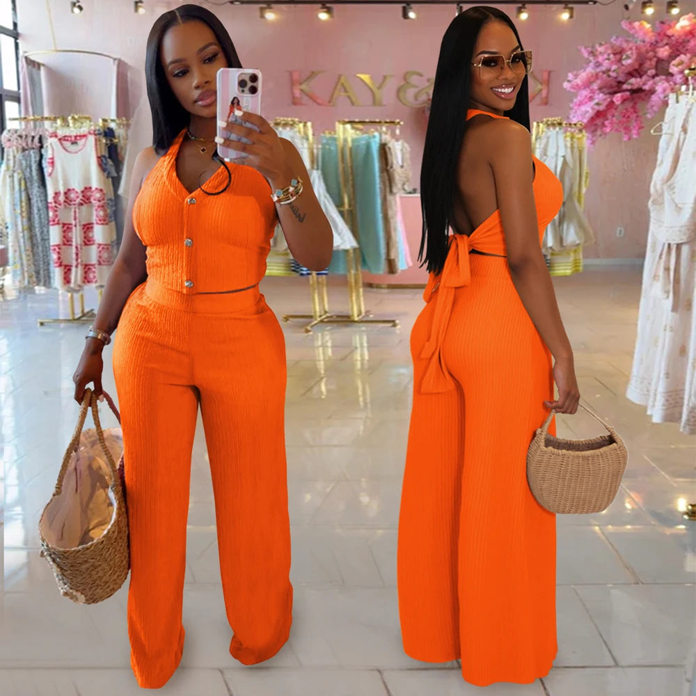 Fashion Ribbed Women's Set Backless Halter Neck Crop Top and Wide Leg Pants Suit 2025 Summer Street Wear Casual 2 Two Piece Sets
