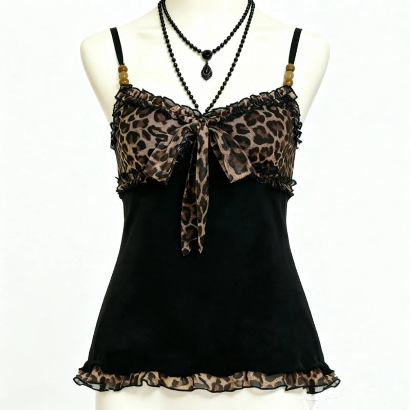 ITGIRLSOCIETY Y2K Leopard Lace Patchwork Cami Tank Top