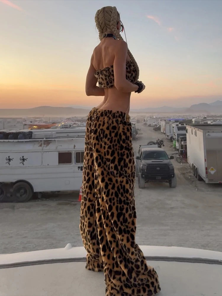 Weird Puss Furry Leopard Print 2-Piece Set Women Punk Style Hottie Sleeveless Crop Vest+Wide Pants Trend Matching Street Suits