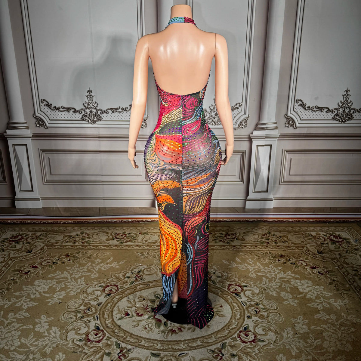 ITGIRLSOCIETY Sheer Mesh Crystal Rhinestone Gown