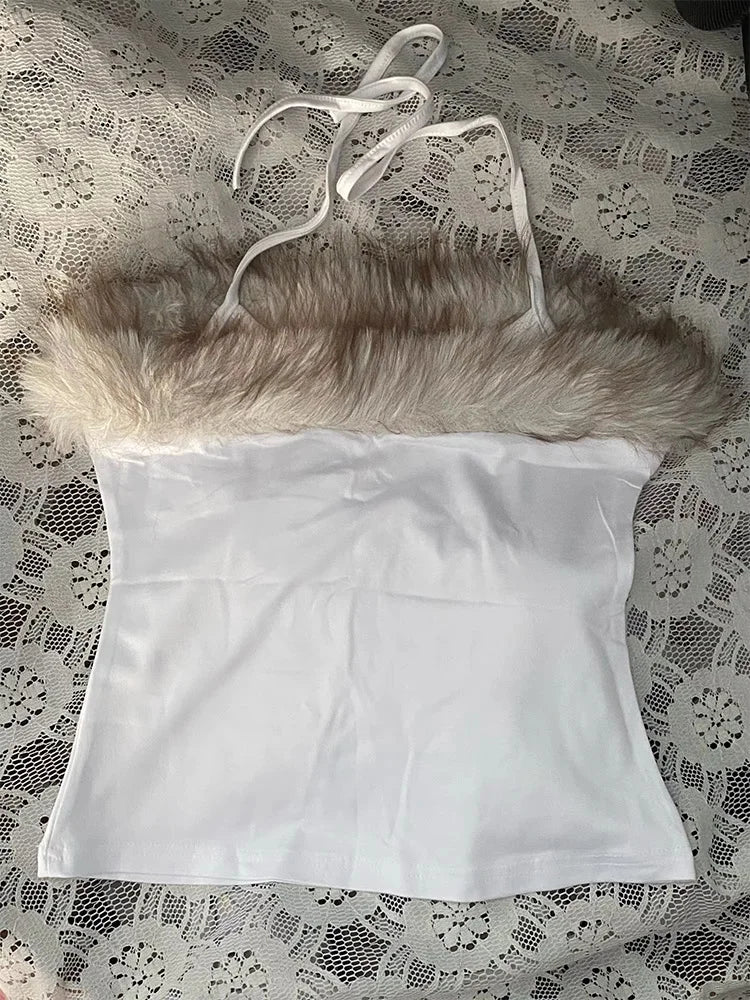 ITGIRLSOCIETY Y2K Goth Faux Fur Trim Cross Letter Print Cropped Halter Cami