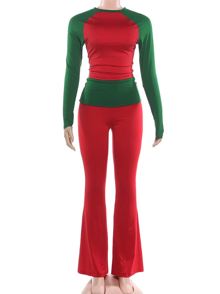Nibber Christmas Party 2Piece Set Woman Contrast Patchwork o-Neck Full Sleeve Crop Tops+High Waist Long Pant Casual Fashion Suit