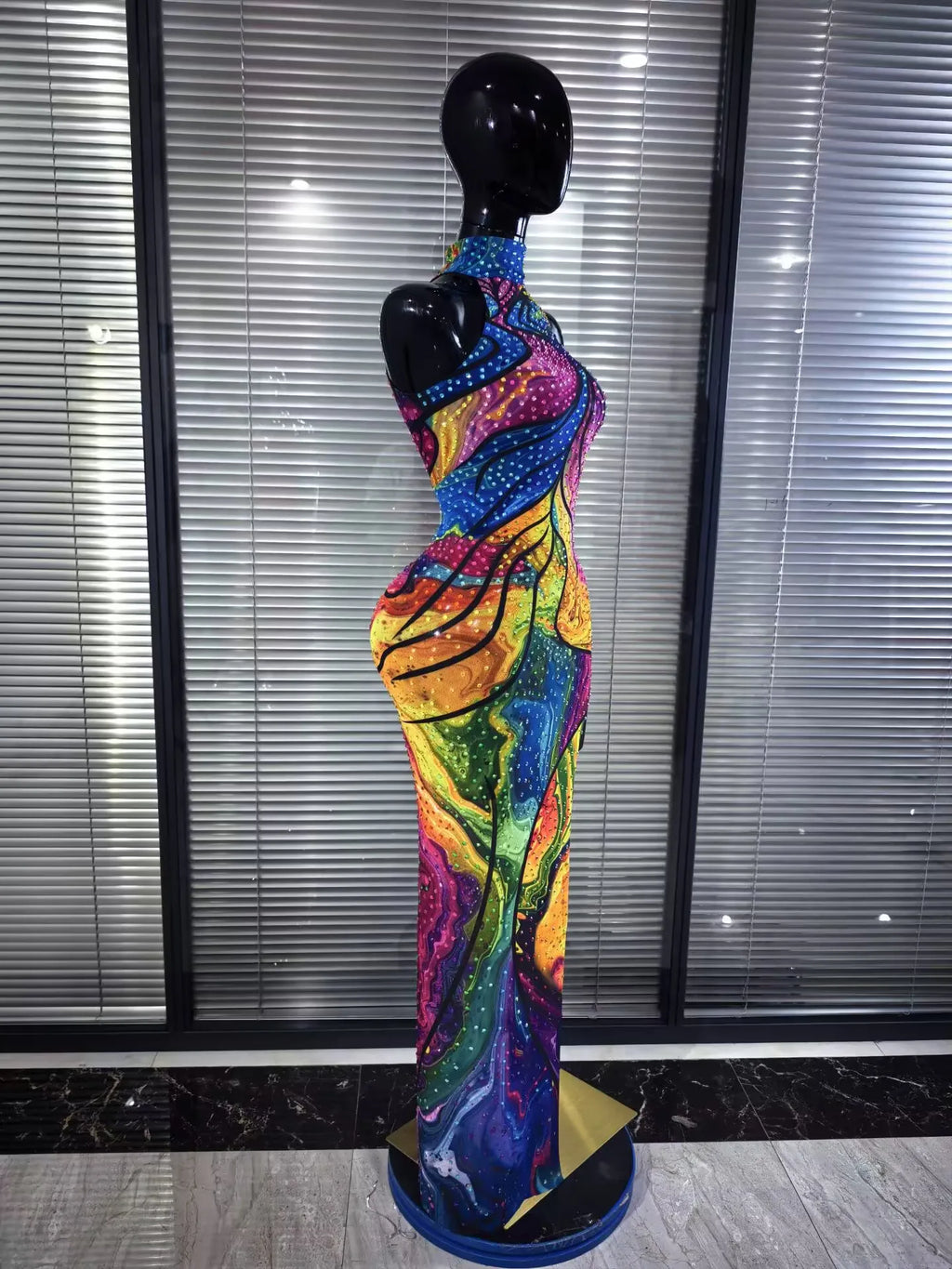 ITGIRLSOCIETY Colorful Rhinestone Off-Shoulder Mesh Dress