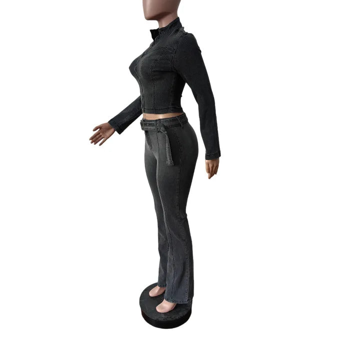 ITGIRLSOCIETY Dark Gray Denim Flare Pants Two-Piece Set
