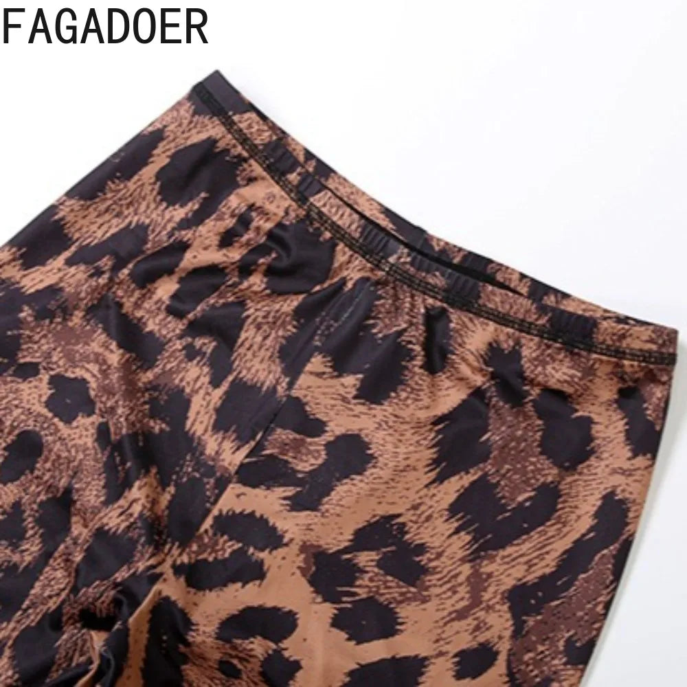 FAGADOER Sexy Leopard Print Two Piece Outfits Woman Round Neck Long Sleeves Crop Top and Skiny Pants Female Streetwear Clothing