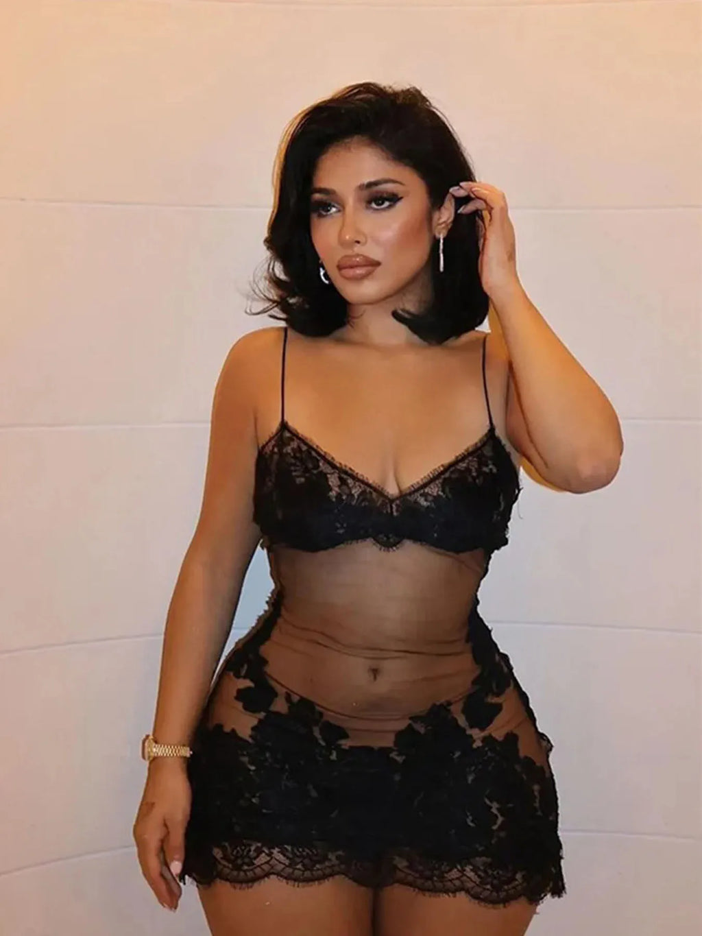 ITGIRLSOCIETY Lace Embroidery Mesh Mini Dress