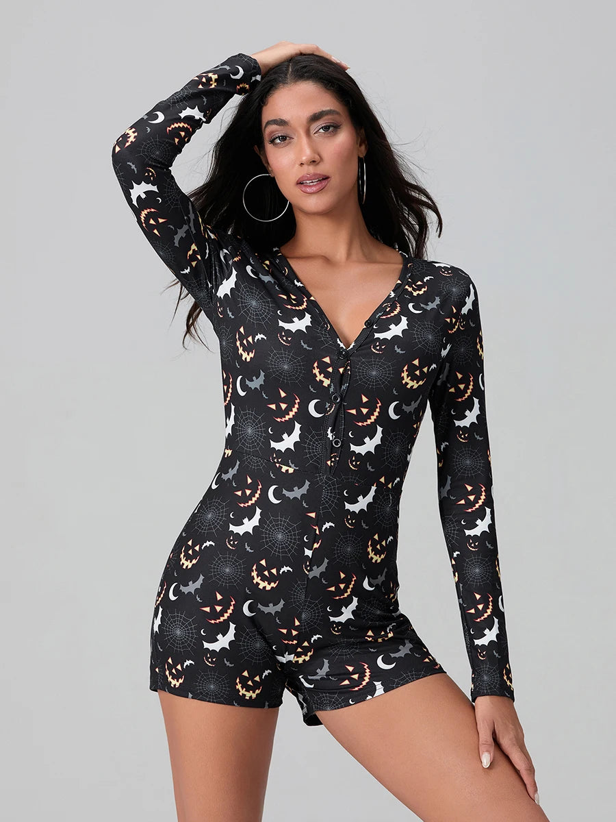 ITGIRLSOCIETY Halloween Ghost Print Bodycon Romper