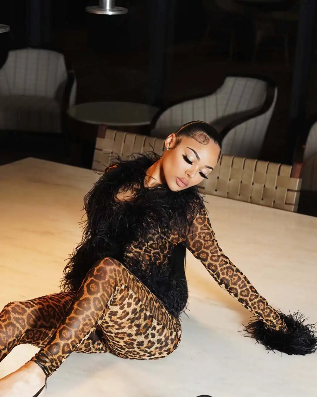 ITGIRLSOCIETY Mesh & Feather Trim Two-Piece Set