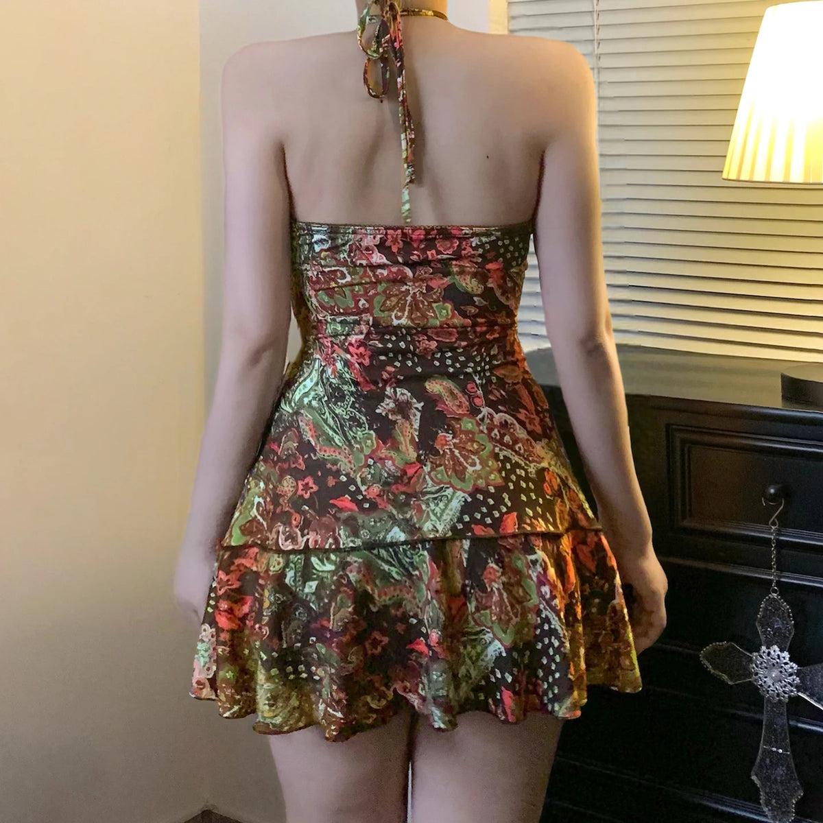 ITGIRLSOCIETY Romantic Print Halter Backless Mini Dress