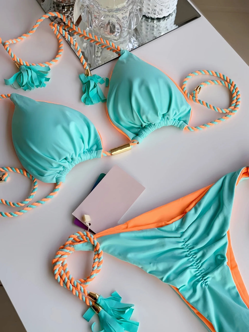 Sexy Solid color Two-piece Triangle Swimwear Women's Swimsuit Braiding rope Bikinis Set Beach Bathing Suit Brazilian Biquinis