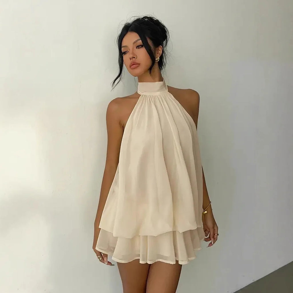 ITGIRLSOCIETY Backless Halter Tie-Front Mini Dress