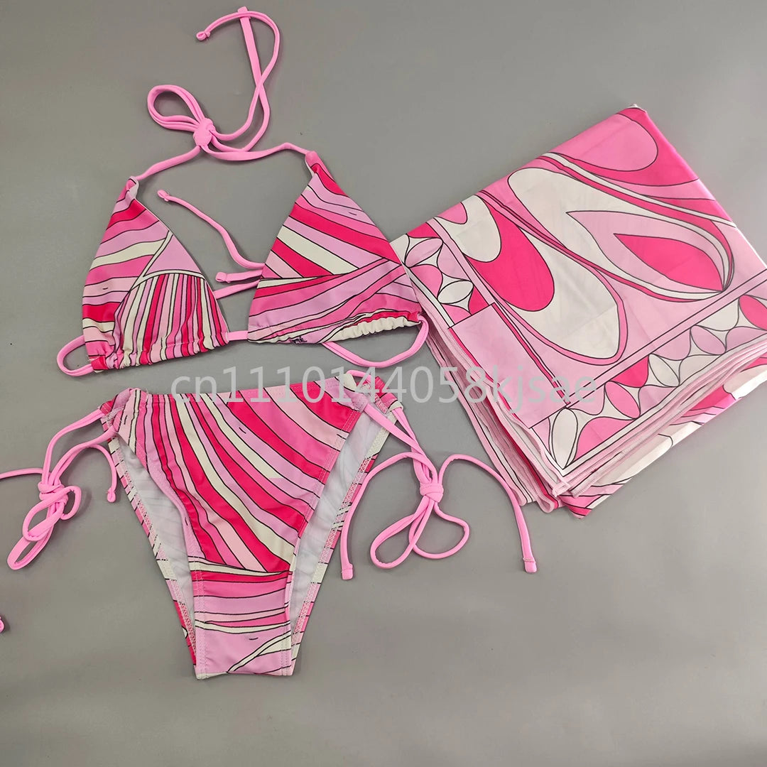Luxury Design Women's Pink Scarf Swimsuits with Letter Signature Logo Classic Brand Headband Bikini Sets Beachwear