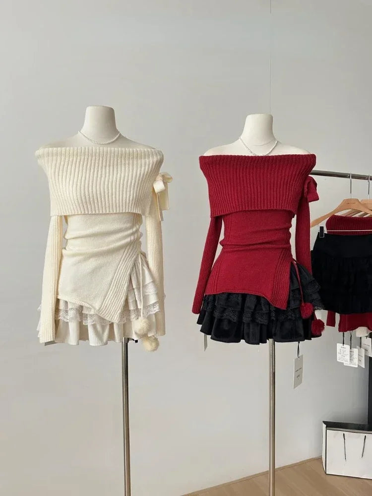 ITGIRLSOCIETY Slash Neck Bow Sweater & Mini Skirt Set